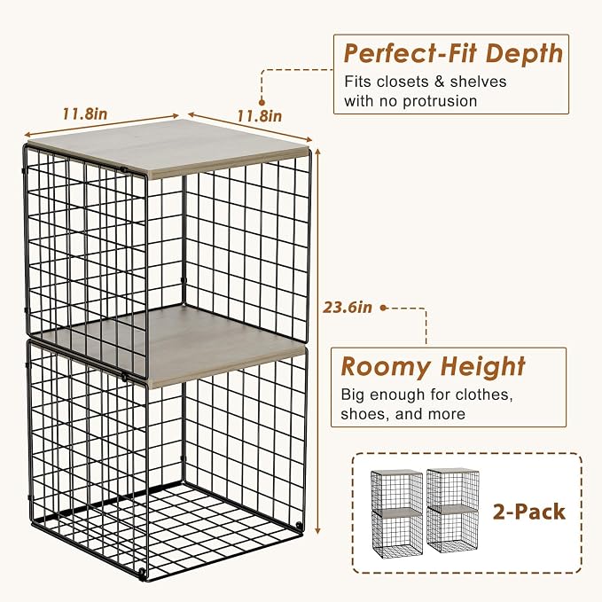 Hencawima 4-Tier Stackable Closet Organizers and Storage, Dual-Layer Reinforced Clothing Cube Shelves with Wood Tops, Sturdy Clothes Storage Bins & Shelf Basket for Wardrobe, Closet Organizer System