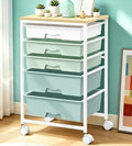 SUNALLY Rolling Carts With 5 Drawers, Storage Drawer Carts with Wooden Tabletop and 2 Lockable Wheels, Rolling Utility Cart for Craft Art Supply Storage & Home Office Organization, Green