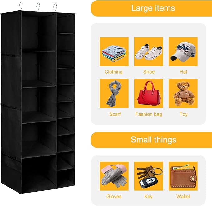Libeder Shoe Organizer for Closet, 15 Shelf Hanging Closet Storage Shelves - 10 Shoe Rack Organizer and 5 Compartment for Clothes with 6 Side Mesh Pockets for Scarf, Socks,Gloves, Black