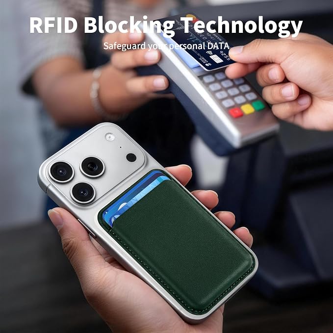 Magnetic Wallet Phone Card Holder for Phone Case with Mag-Safe, Stronger Magnetic RFID Leather Phone Wallet Stick on Series of iPhone 17/16/15/14/13/12 and Pro/Promax, Deep Green