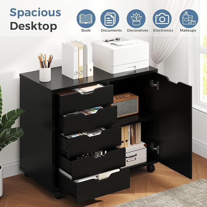 DUMOS 5-Drawer Mobile File Cabinet, Wooden Printer Stand with Storage | Under Desk Cabinets with Adjustable Shelf & Wheels for Home Office Organizer Storage Craft Room, Black