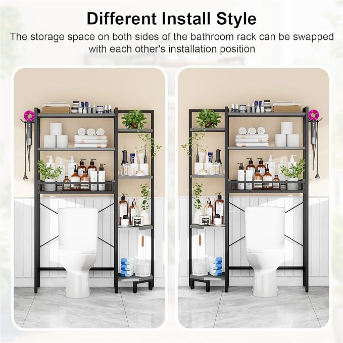 K1 Heavy Duty 7-Tier Over The Toilet Storage（with Basket and Paper Hook） Freestanding Above Toilet Shelf with Adjustable Feet，Space Saver Bathroom Shelves 9.3" D x 33.5" W x 63.8" H，Grey