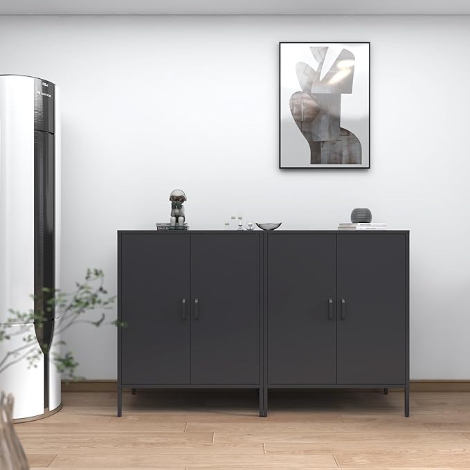 Washsemba Metal Storage Cabinet with Doors and Shelves,Multipurpose Storage Rack, 3-Tier Shelf,Metal Locker Style Accent Cabinet for Home Office,Living Room,Kitchen (Black, 40''H)