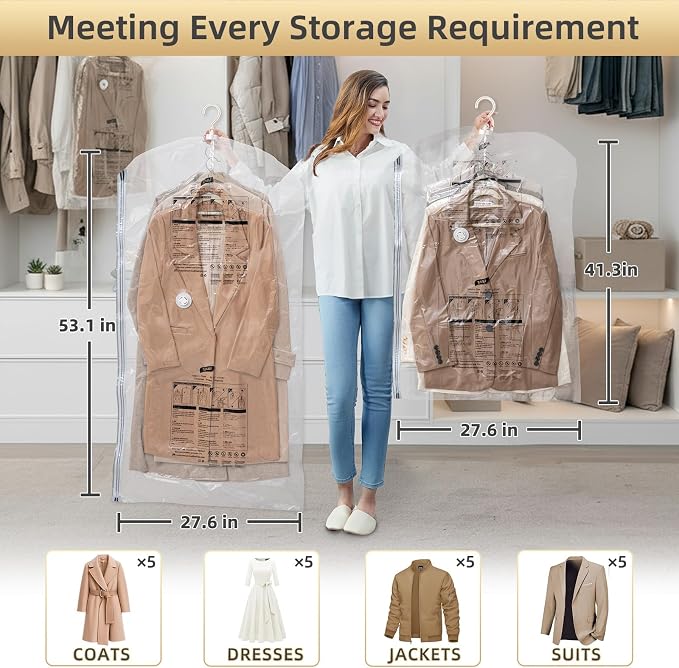 TAILI Hanging Vacuum Storage Bags,Closet Storage for Clothes,Set of 4 (2 Long, 2 Short), Clear
