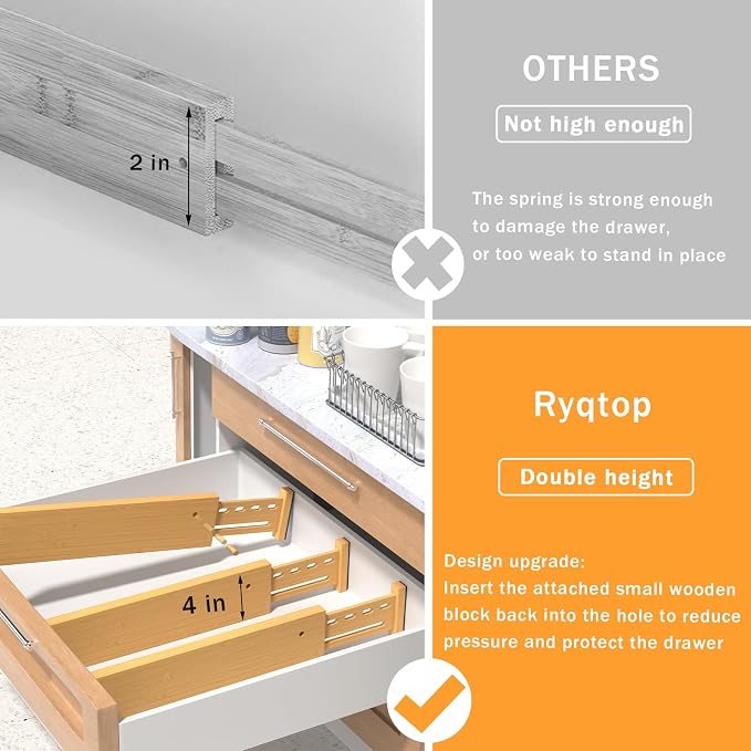 Bamboo Drawer Dividers, 4" High Drawer Organizers for Clothes/Utensils | 16.5-21.8" Expandable Wooden Drawer Separators for Dresser, Kitchen, Bathroom, Nursery, Office Organization & Storage, 6 Pack