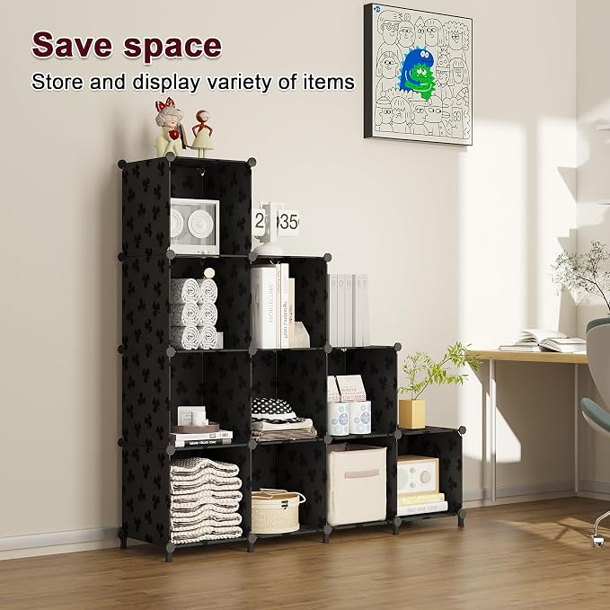UNKU Cube Storage Organizer, 10 Cube Closet Organizer Storage Shelves, DIY Stackable Bookcase, Clothes Organizer Shelf for Closet, Bedroom, Living Room, Cabinet, Home, Office, Black