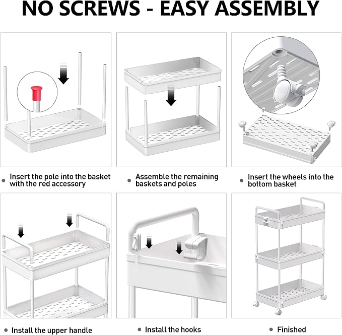 SOLEJAZZ 3 Tier Slim Rolling Storage Cart Organizer with Wheels, White | Utility cart for bathroom, laundry, bedside, dorm&narrow spaces. Fits craft, nail, makeup, snack, art, diaper&baby essentials