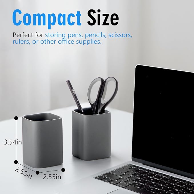 Ceramic Pen Holder Set of 2, Matte Square Pencil Cup for Desk, Heavyweight Stoneware Desk Organizer for Office Front Desk & Vanity, Modern Pen Cups Holder, Non-Slip Base - Matte gray