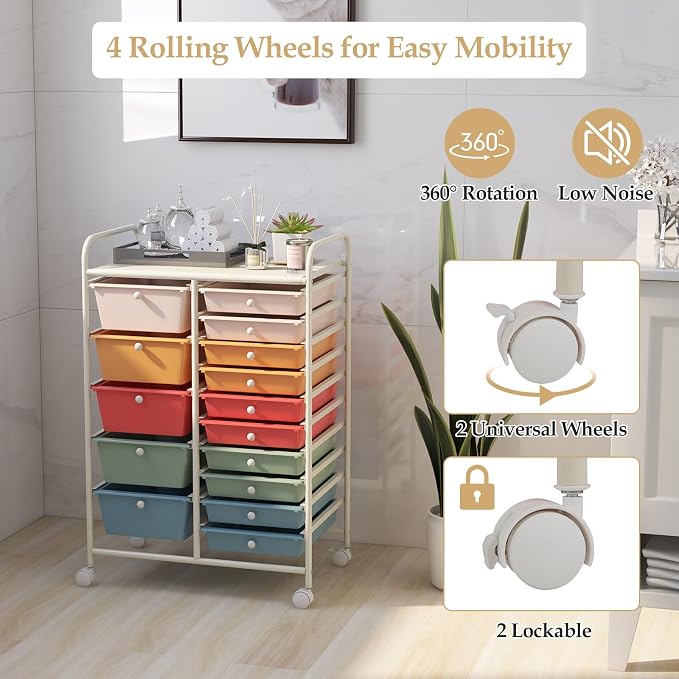 DREAMADE Rolling Cart with 15 Drawers, Rolling Drawer Organizer Cart w/Lockable Wheels, Removable & 2-Sized Storage Drawers, Art Cart for School Home Art Supplies Crafts File Scrapbook