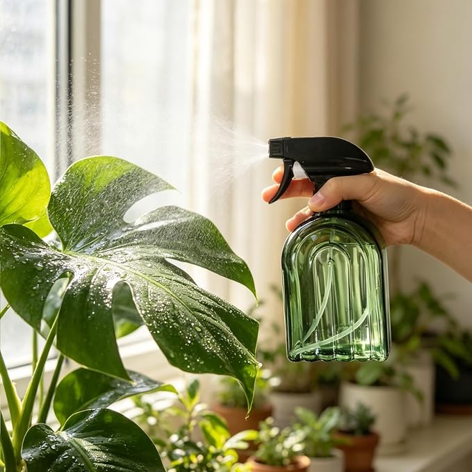 Green Glass Spray Bottle, Refillable Indoor Plant Mister,13.5oz Water Spray Bottle with Adjustable Nozzle,Plant Mister Spray Bottles for Indoor Plants, Cleaning, Hair Care, Pets Care(2pcs)