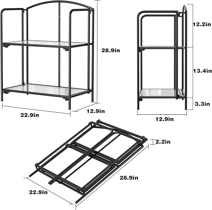 Crofy 2-Tier Foldable Bookshelf, Black Frame & Transparent Shelves | No-Assembly Collapsible Portable Storage Organizer; Sturdy Transparent Shelves; Ideal for Living Room & Home Office