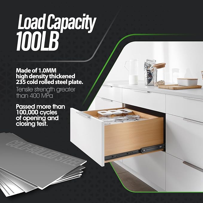 10 Pair Full Extension Ball Bearing Drawer Slides 8 10 12 14 16 18 20 22 24 Inch 100 LB Load Capacity Side Mount File Cabinet Rails Dresser Metal Runner Trash Can Kitchen (24 inch, Black)