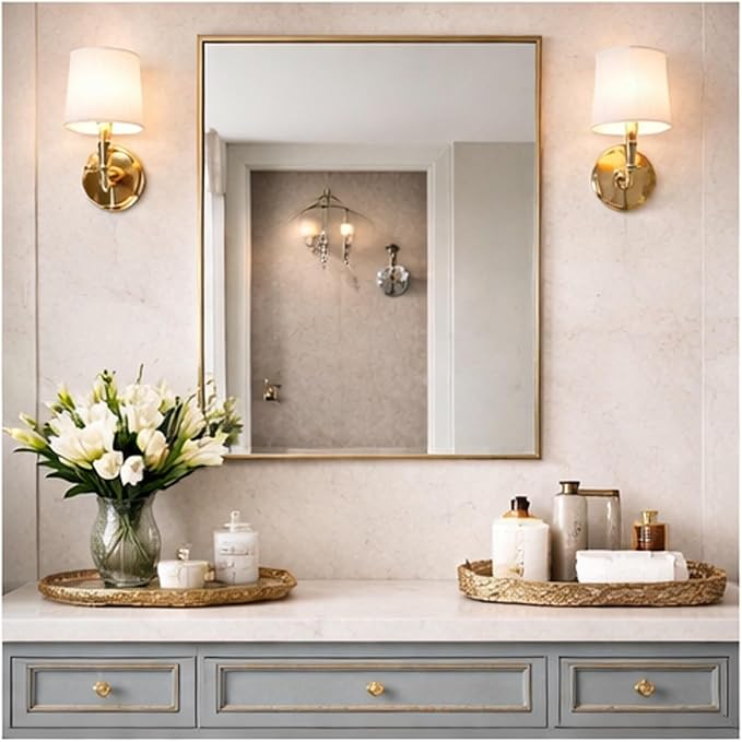 Head West Nordic Gold Stainless Steel Metal Framed Wall Mounted Vanity Mirror, Accent Decorative Mirrors for Wall Decor, Bathroom Mirrors for Over Sink, Bedroom, Living Room Entryway Hallway 24"x30"