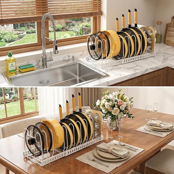 Pot and Pan Organizer Rack for Cabinet, 3 Expandable Pot Lid Organizer Holder with 12 Adjustable Compartment for Kitchen Cutting Board, Pan Lid, Bakeware, White