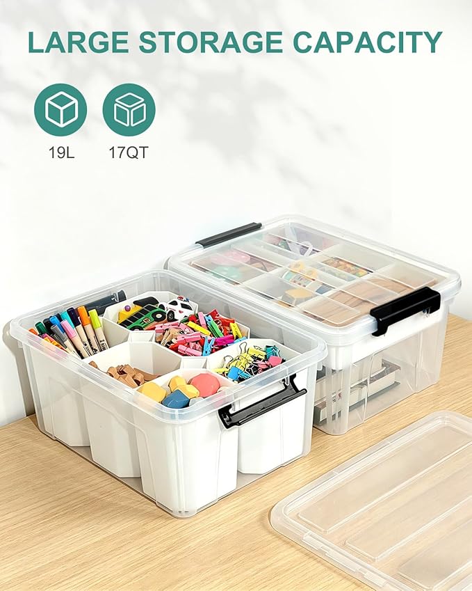 EOENVIVS 17 QT Clear Craft Storage Organizer Box with Removable Tray, Plastic Storage Bins with lids for Kids Art Supplies, Toys, Beads, Tools, Sewing & Classroom