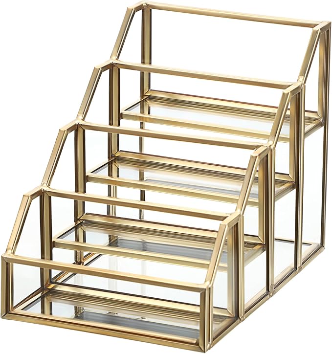 Hipiwe 4 Slots Glass Business Card Holder for Desktop, Gold Mirrored Business Card Display Stand, Multiple Clear Business Name Card Organizer Holder for Office Exhibition