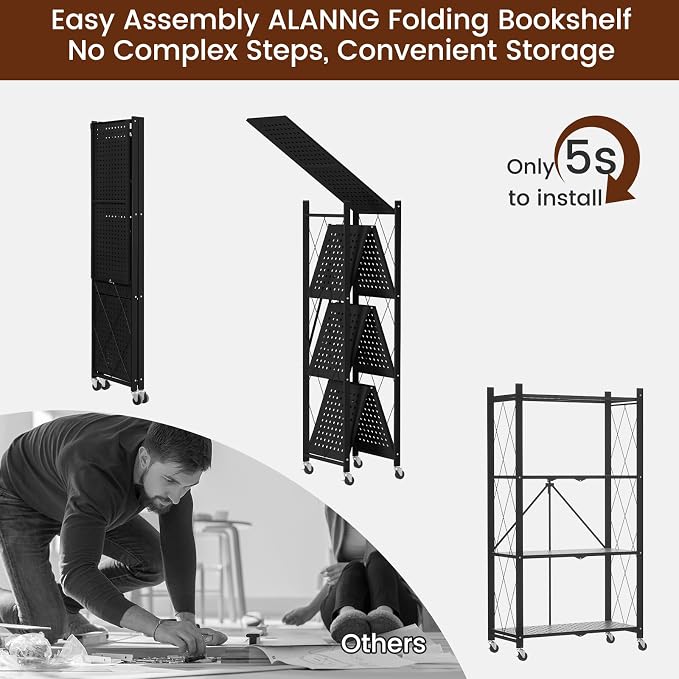 ALANNG 4 Tier Folding Storage Shelf on Wheels,Heavy Duty Metal Rolling Cart | 264 lbs Capacity, No Tools Assembly, Folds to 3.9", Lockable Casters, Portable for Kitchen Laundry Garage