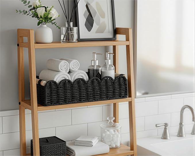 CubesLand Toilet Paper Storage Basket Scalloped Edge Home Decor Basket, Living Room Cozy Decor, Paper Rope Small Baskets for Over Toilet Storage Shelf, End Table, Shelves, with 2 Wooden Handles, Black