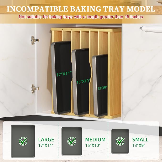 7 Tier Large Size Wooden Tray Dividers for Cabinets, Cookie Baking Sheet Organizer for Cabinet, Vertical Tray Dividers for Storing pans, Baking trays, Cutting Board