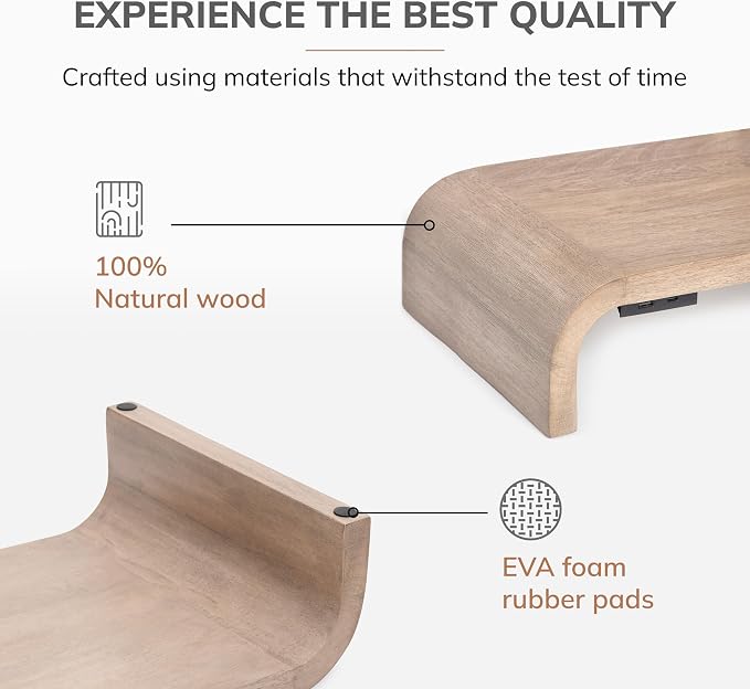 Anji Mountain Wood Monitor Stand Riser Desk Desktop Organizer Table for Home, Office Workspace, Laptop Riser, Ergonomic Design Stand for Gaming Setup, with Power Source, Biscotti