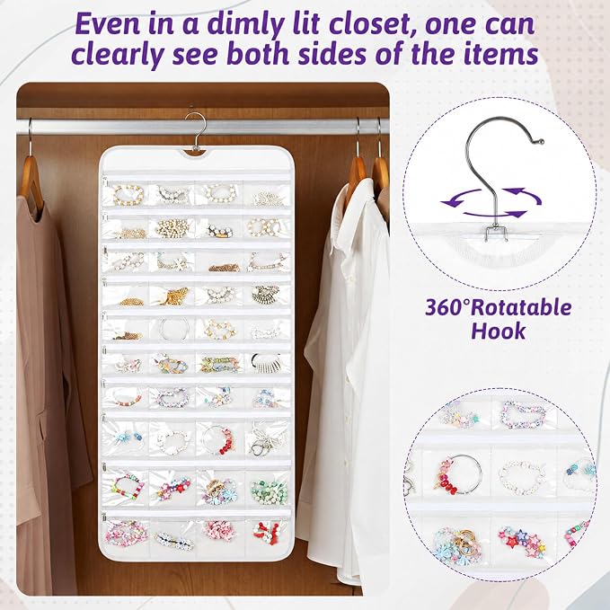 2 Pack Hanging Jewelry Organizer with 80 Zippered Pockets (White) | Dual-Sided Dustproof Foldable for Travel, Accessories Organizer for Holding Jewelries, Earring Organizers and Storage