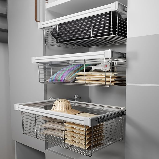 Closet Pull-Out Basket,Stackable Storage Bins,Stainless Steel Stackable Shelf Baskets Organizer,Adjusted Width for Bedroom Office Bathroom(26.37-28.34in)