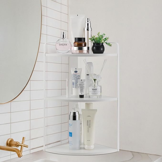 3 Tier Corner Bathroom Counter Organizer, Countertop Organizer, Makeup Organizer Countertop, Bathroom Storage Sink Shelf, Wooden and Metal Counter Shelf (Large Capacity-White)