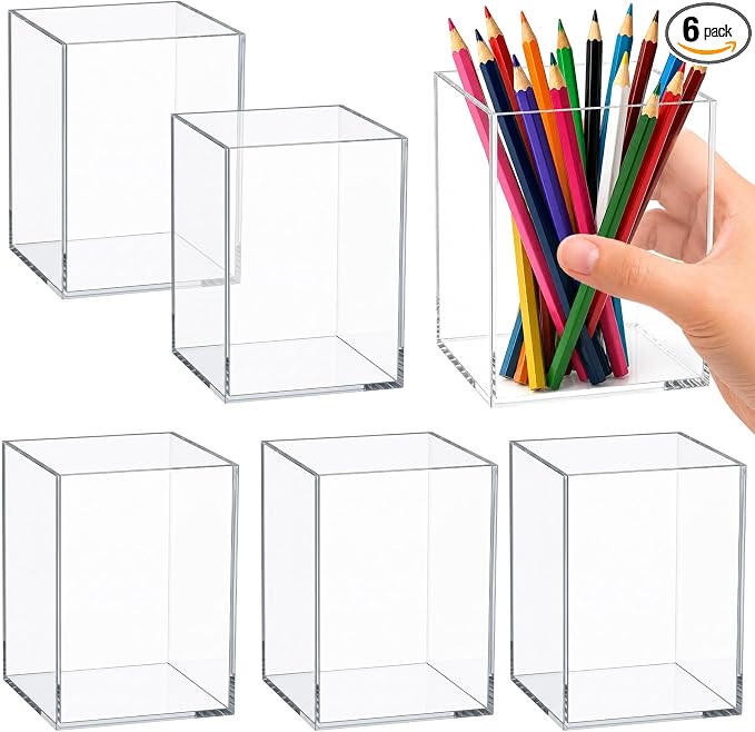 Mototo 6PCS Clear Acrylic Pen Holder Pencil Cup Office Desk Organizer Case | Toothbrush Utensil Holder Marker Makeup Brush Organizer Pencil Box Coffee Stirrers Storage Container for Classroom Counter