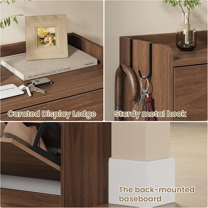 Shoe Cabinet Organizer with 3 Flip Drawers, Freestanding Shoe Storage Cabinet, Adjustable and Removable Dividers, 23.6"W x 8.7"D x 47.2"H Narrow Shoe Rack for Entryway, Foyer, Hallway, Walnut