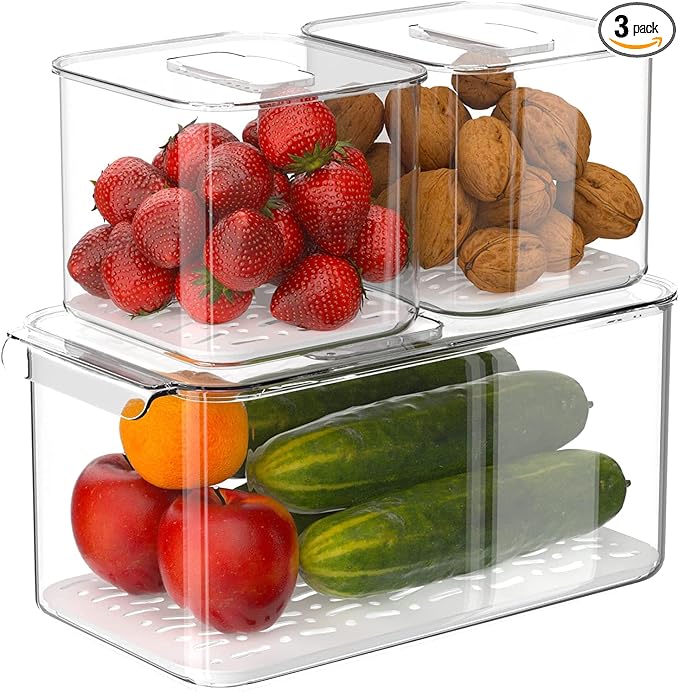 Slideep Food Storage Containers Produce Saver with Lids, Stackable Refrigerator Freezer Organizer Bins with Removable Drain Tray, Fridge Fresh Keeper for Veggie, Berry, Fruits, Vegetables 3 Pack