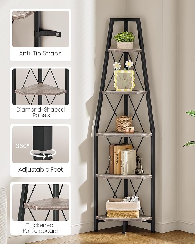 CHOEZON 5-Tier Corner Shelf, Corner Bookshelf, Ladder Shelf, Floor Standing Storage Rack, Open Display Stand, Plant Stand, for Living Room, Bedroom, Study, Bathroom, Greige and Black TCJ22BG