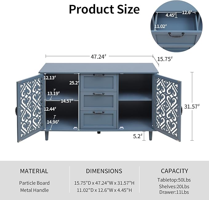 vistavie Sideboard Buffet Cabinet with Storage - American Furniture Cabinet, Accent Storage Console Table with Carved Pattern, Farmhouse Wood Credenza for Study Room, Entryway, Dining Room, Kitchen
