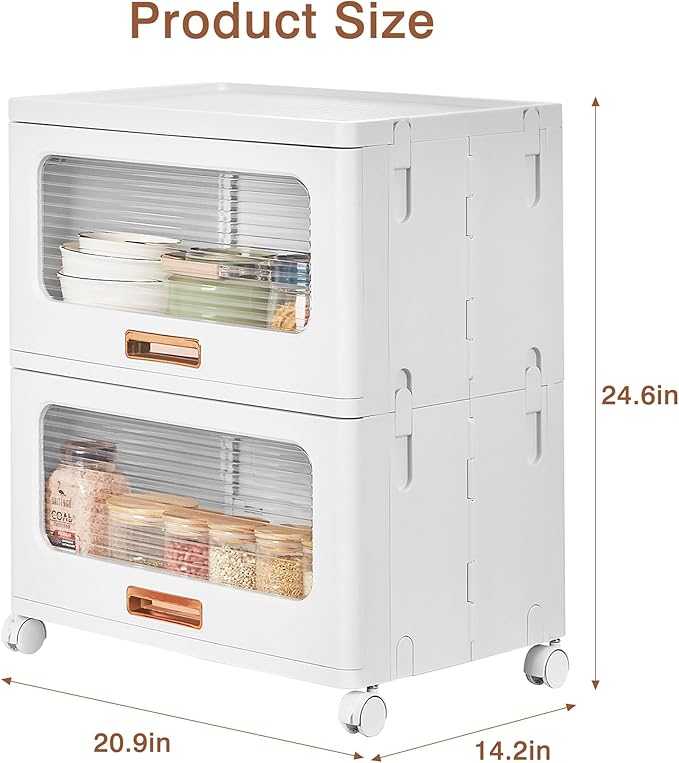 VECELO Storage Cabinet with Drawer, Pull-Out Stackable Bins with Wheels, Waterproof Modular Organizer, Multi-Tier Closet Storage for Bedroom, Living Room & Bathroom, Large 2-Tier