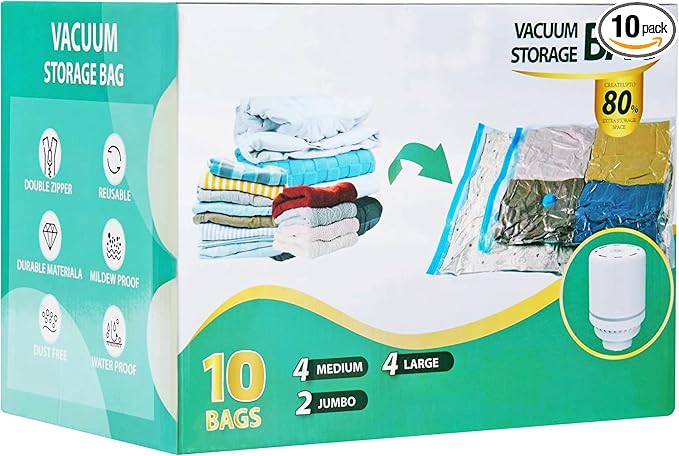 Vacuum Storage Bags with Electric Pump, Vacuum Seal Space Saver Bags for Clothes, Clothing, Blanket Bedding Comforters, Combo 10 pack