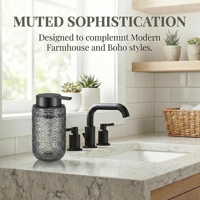 Gray Glass Liquid Hand Soap Dispenser with Matte Black Pump Thick Embossed Bottle Refillable for Bathroom and Kitchen Decor 13.5 oz