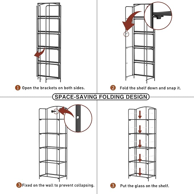 Crofy 5-Tier Foldable Bookshelf, Black Frame & Transparent Shelves | No-Assembly Collapsible Portable Storage Organizer; Sturdy Transparent Shelves; Ideal for Living Room & Home Office