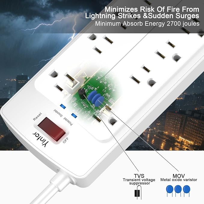 10 Feet Extension Cord Power Strip, Yintar Surge Protector with 12 AC Outlets and 4 USB Ports, 2700 Joules, ETL Listed, White