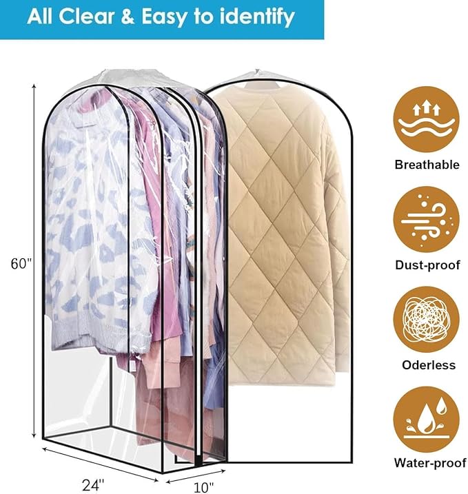 60" Clear Clothes Hangers with Smooth Side Zipper, 10" Gusseted Waterproof Garment Bags for Shirts, Coats, Dresses, Suits, 4 Pack