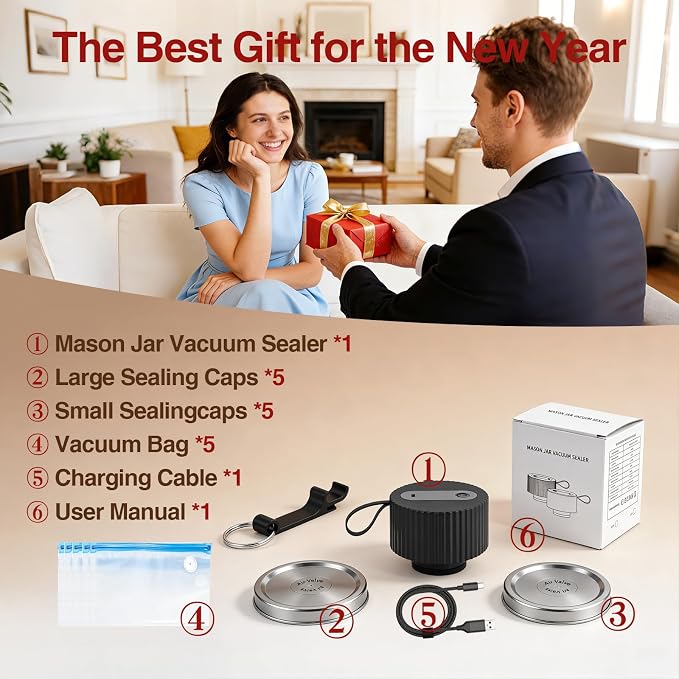 Electric Mason Jar Vacuum Sealer Kit, Portable 3-in-1 Handheld Food Sealer for Regular & Wide Mouth Jars, 60kPa Suction for Bags/Containers, Type-C Rechargeable (Black)