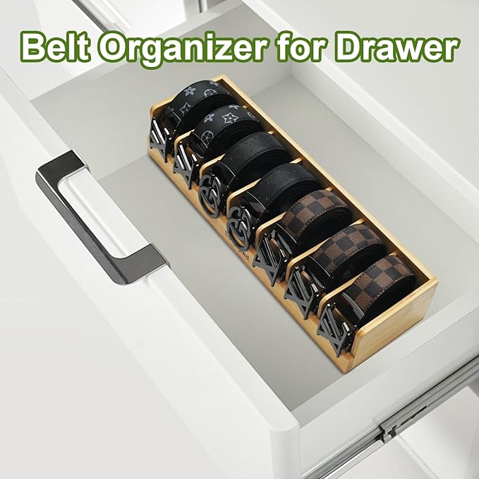 Belt Organizer,Wooden, 7 Compartments | Natural Bamboo Belt Storage Box, For Closet and Drawer, Belt Holder Case, For Belt and Tie , For Men & Women