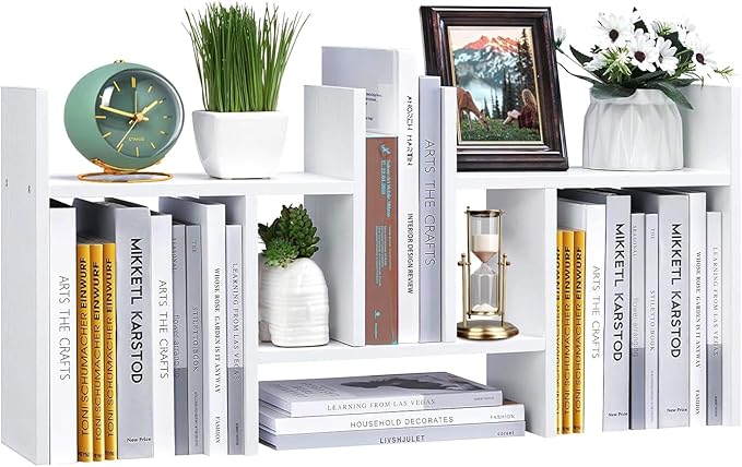 Meikuler Desktop Shelf Organizer, Adjustable Wood Display Desk Shelf, Office Storage Rack Tabletop Bookshelf Multipurpose Shelves for Home Decor, Office, Gifts (Solid White)