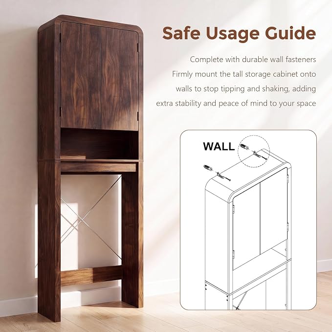 Over the Toilet Storage Cabinet, 69.69" Curved Bathroom Storage Organizer Cabinet with Doors and Adjustable Shelves, Wooden Free Standing Toilet Space Saver Rack, Brown