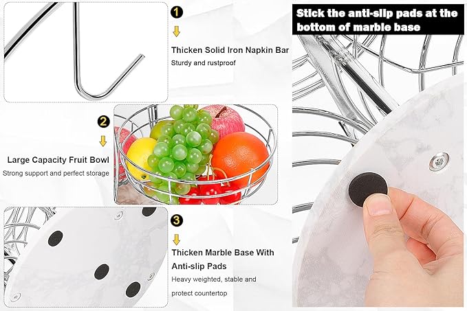 Livabber Fruit Basket Bowl with Banana Hanger, Metal Fruit Vegetable Storage Basket with Banana Holder for Kitchen Counter, Detachable Organizer for Bread Snack Produce (Chrome, 3-Tier Marble Base)