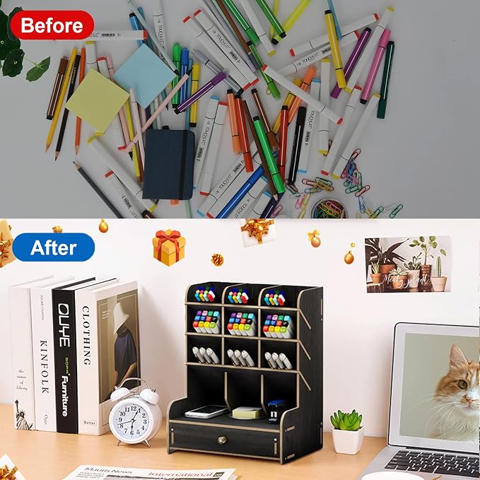 Marbrasse Wooden Desk Organizer, Multi-Functional DIY Pen Holder, Organizer for desk, Desktop Stationary, Easy Assembly, Home Office Art Supplies Storage with Drawer (B11-Black)