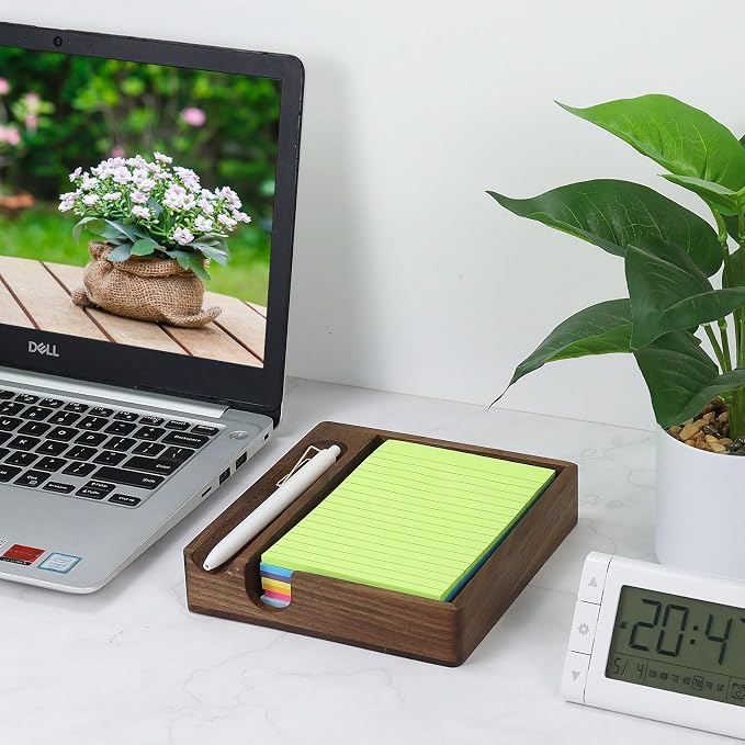 Buqoo Black Walnut Wood Sticky Note Holder with Pen Slot 4x6 Memo Pad | Black walnut wood sticky note holder with pen slot, fits 4x6 memo pads and features U-shaped opening for easy access