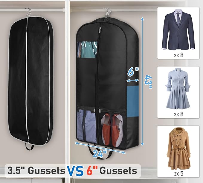 MISSLO 43" Heavy Duty Garment Bags for Travel 6" Gusseted Suit Bags for Closet Storage 4 Handles Hanging Clothes Bag with Pocket Mens Suit Cover for Shirts, Coats, Dresses