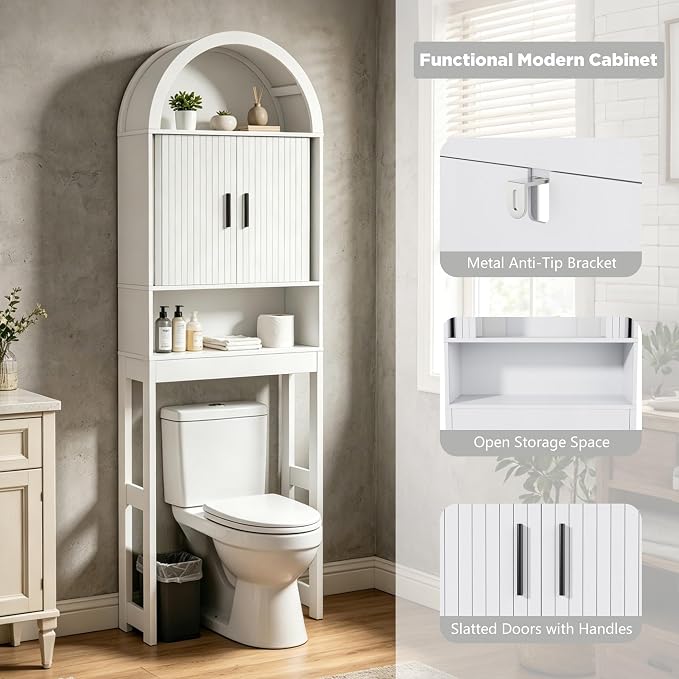 Arched Over The Toilet Storage Cabinet, White Freestanding Bathroom Organizer with Sliding Door, Adjustable Shelf & Anti-Tip Device for Bathroom, Laundry