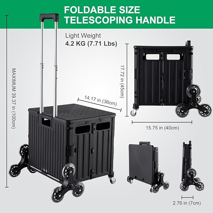 MACOPRO Foldable Utility Cart with Stair Climbing Wheels, Collapsible Rolling Crate with Telescoping Handle, Folding Shopping Trolley Handcart Grocery Book File Tool Teacher Storage Basket (Black)