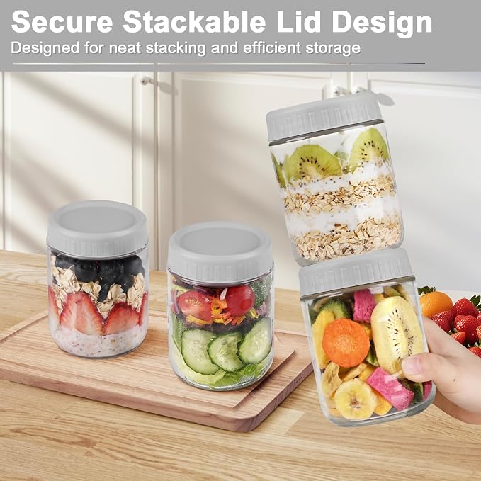 Overnight Oats Containers with Lids, 16oz Wide Mouth Mason Jars with Lids, 3 Pack Glass Jars with Airtight lid for Chia Pudding Yogurt Salad, Meal Prer Oatmeal Jars, Gray