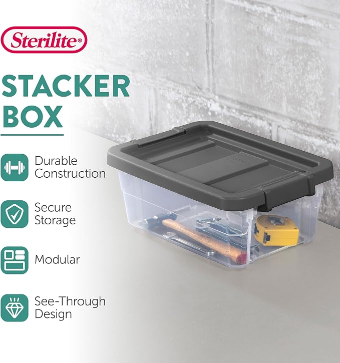Sterilite 24-Pack Modular Stacker Box, Durable Clear Plastic Storage Bins with Latching Lids, 16 Quart - Stackable Organizing Container Boxes for Closet, Bathroom, and Office